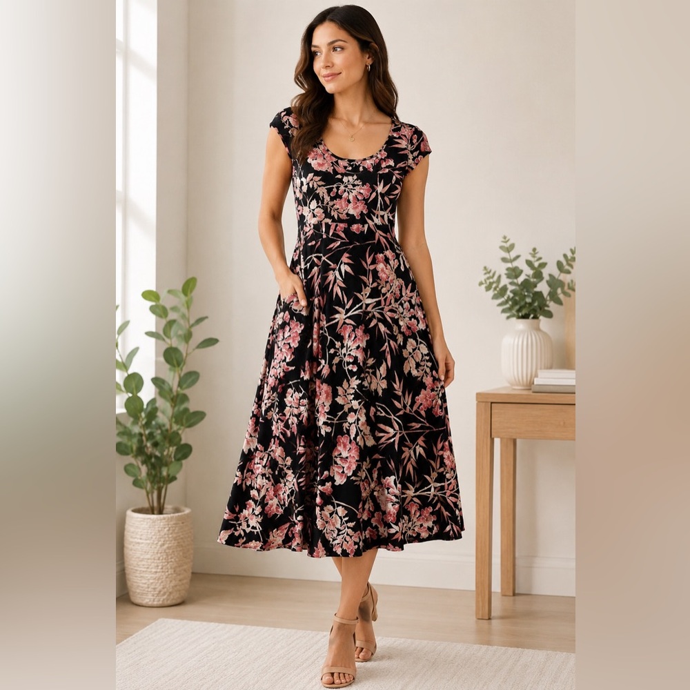 Blossoms Black Pink Floral Cotton Fit & Flare Midi Dress Scoop Neck Cap Sleeve M